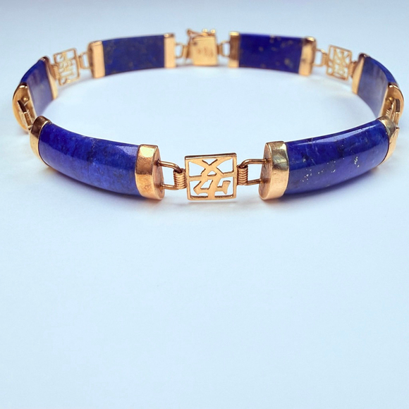 14K Solid Yellow Gold Vintage Chinese Character Rich Lapis Lazuli Panel Bracelet - Picture 1 of 14